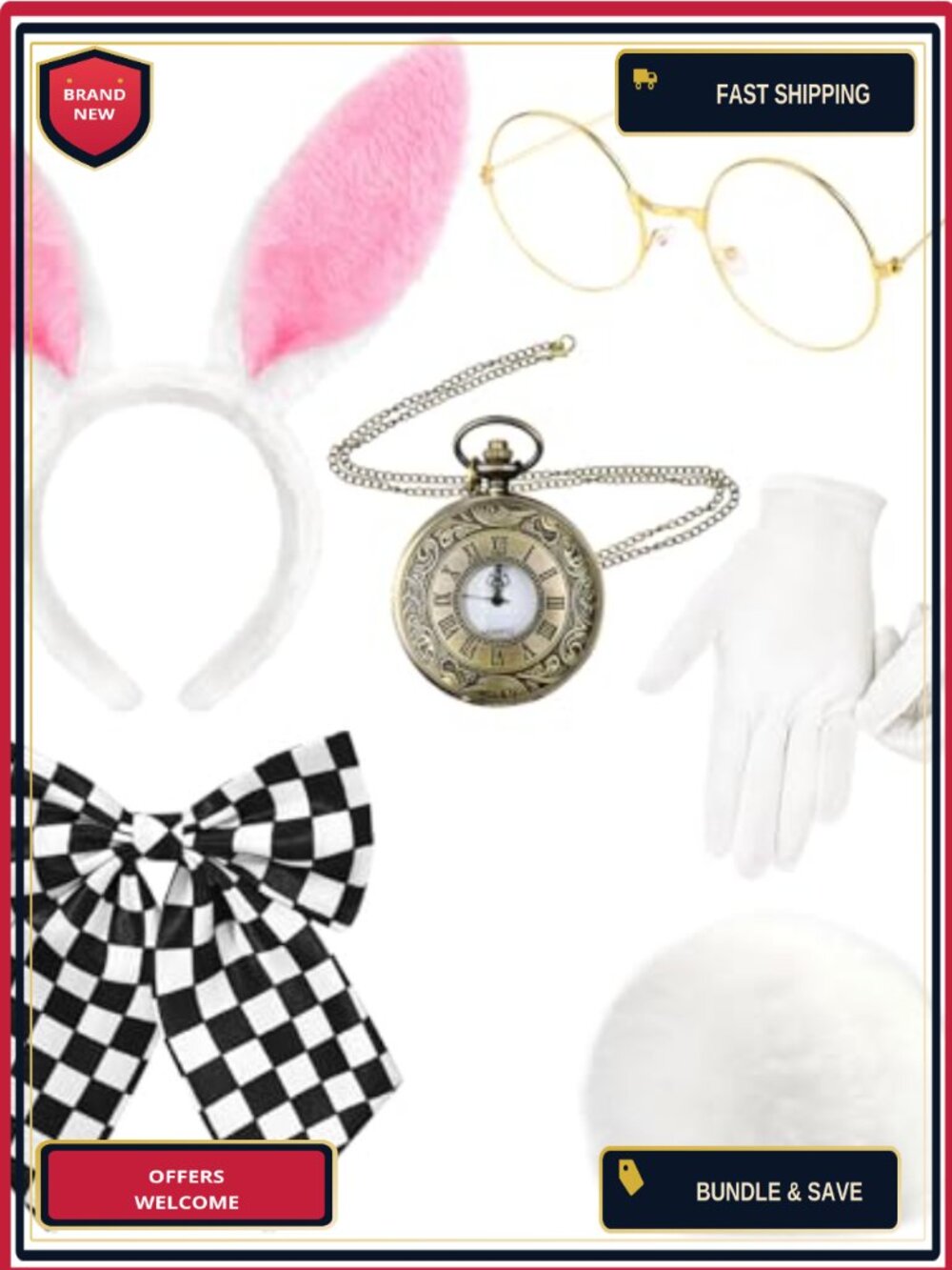 6 Pc Rabbit Costume Set Bunny Ears Tail Bow Tie Gloves Glasses Pocket Watch